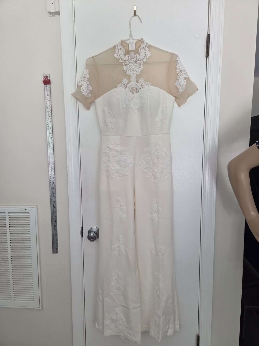 Ivory Cream Guipure Lace Illusion Neck Wide Leg Bridal Jumpsuit w/ Pockets Small - Picture 2 of 6